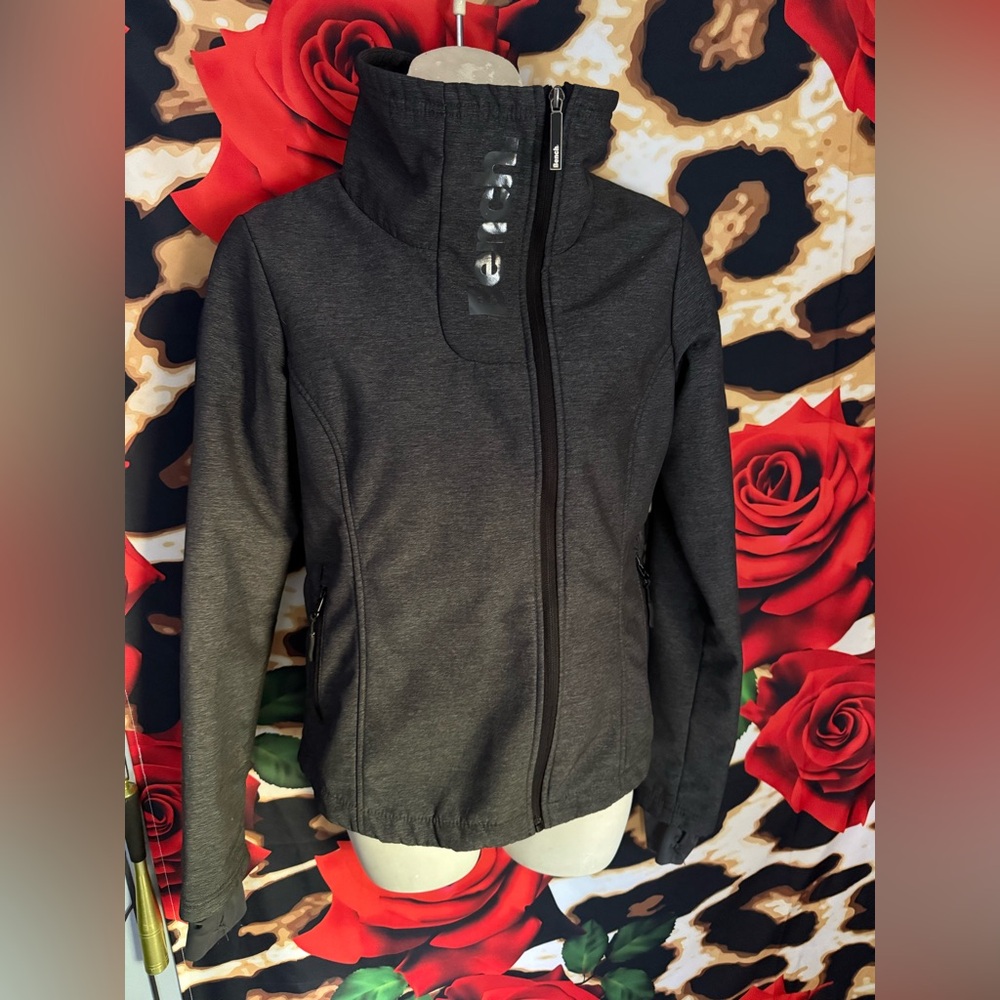 ladies black bench jacket with stand up neck